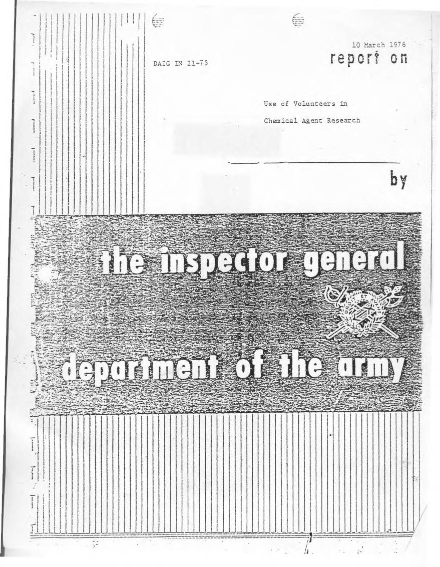 A worn typescript report cover. Small type at upper left reads 'DAIG IN 21-75'; at upper right, '10 March 1976' above the words 'report on' in large display lettering, then 'Use of Volunteers in Chemical Agent Research' and the word 'by'. Across the lower half, a coarse halftone panel carries the words 'the inspector general' and 'department of the army' in white, with the Inspector General's sword-and-fasces crest. Vertical striping from the binder edge runs down the left side.