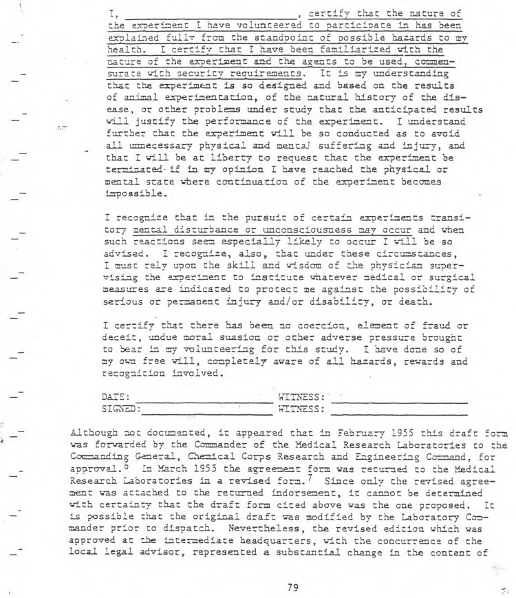 A typescript page reproducing a consent form. It opens 'I, ________, certify that the nature of the experiment I have volunteered to participate in has been explained fully from the standpoint of possible hazards to my health', with that sentence and the one following it underlined. Later paragraphs mention transitory mental disturbance or unconsciousness, reliance on the supervising physician, and a certification of no coercion, fraud or undue moral suasion. Blank DATE, SIGNED and two WITNESS rules close the form. Page number 79 sits at the foot.