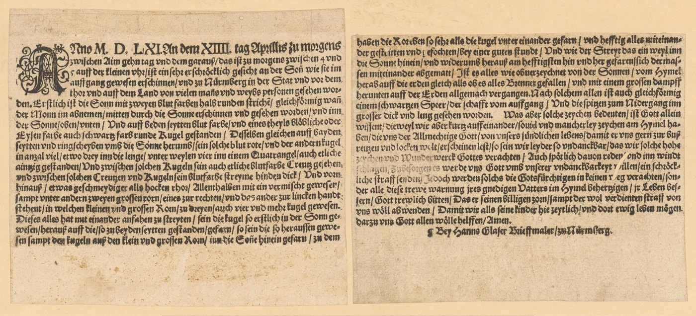Two panels of dense sixteenth-century German blackletter type on aged paper. The left panel opens with a large decorated initial A. The right panel ends with a short line set apart from the body text.